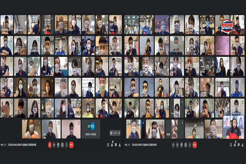 代表團教練、選手透過視訊會議系統進入典禮會場參加授旗