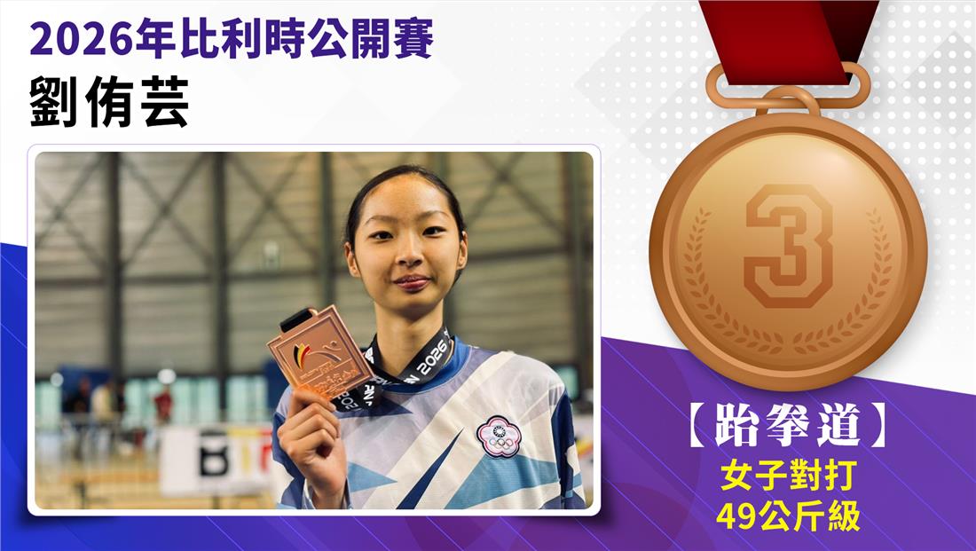 選手劉侑芸榮獲2026年比利時公開賽女子-49公斤級銅牌。