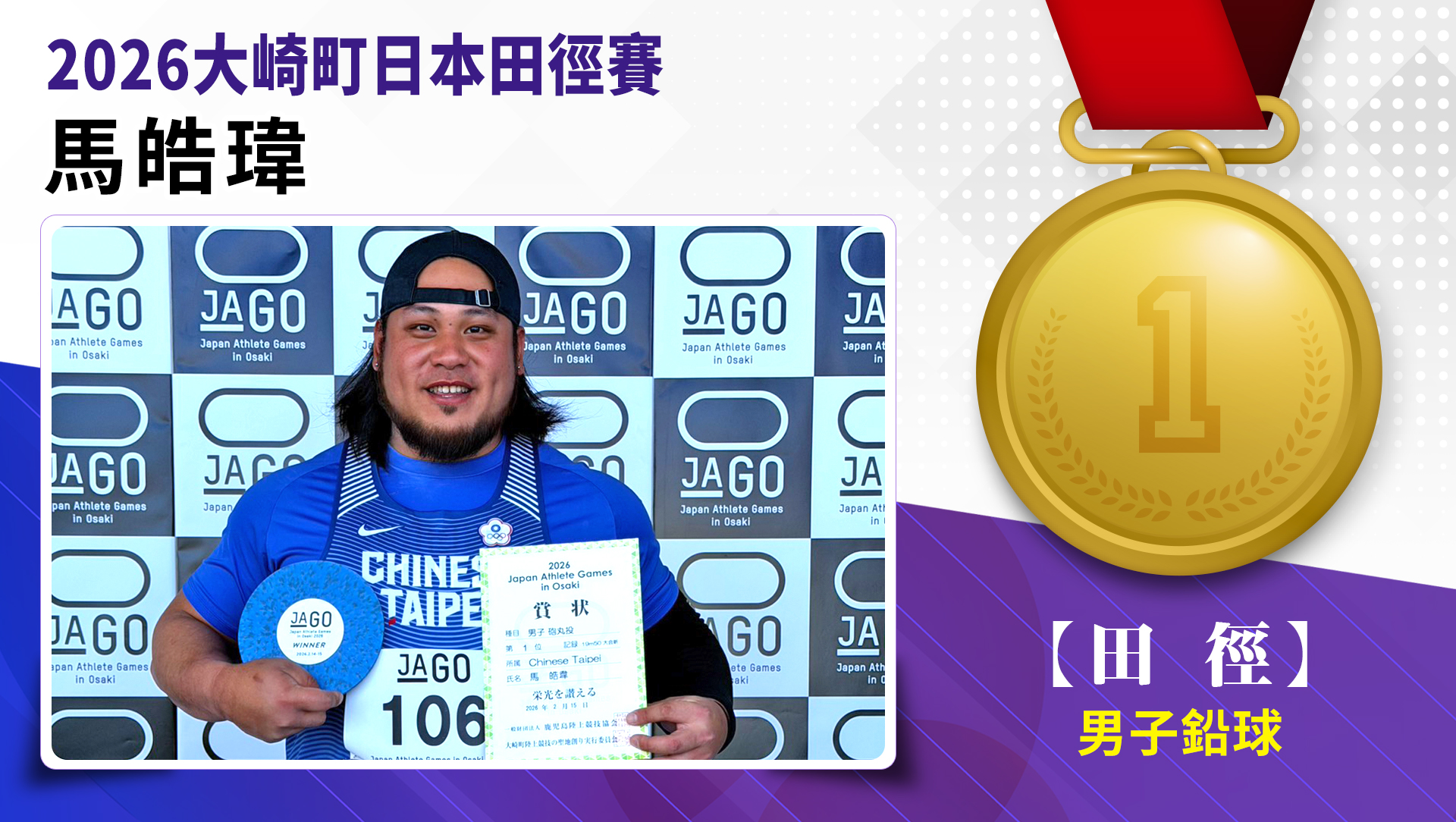 2026大畸町日本田徑賽 田徑馬皓瑋/男子鉛球-金牌