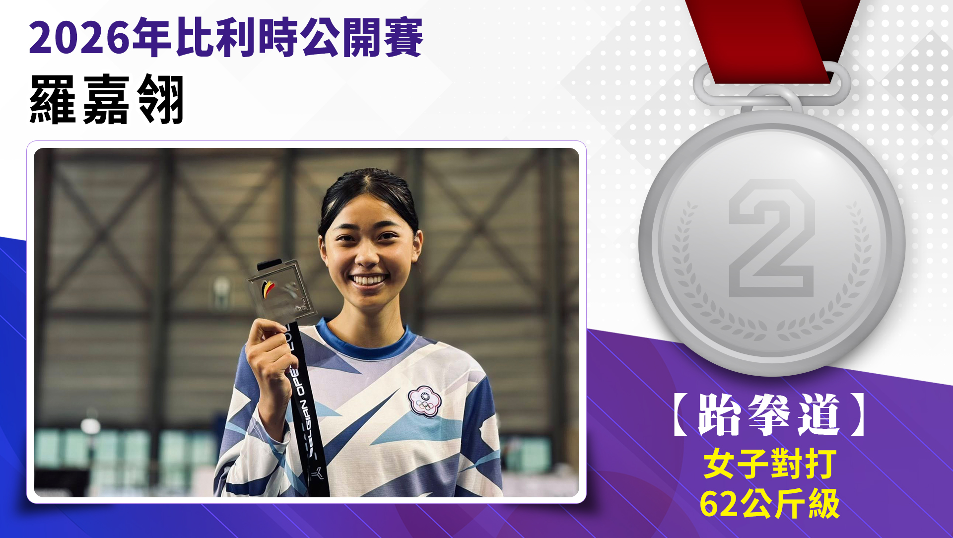 選手羅嘉翎榮獲2026年比利時公開賽女子-62公斤級銀牌。