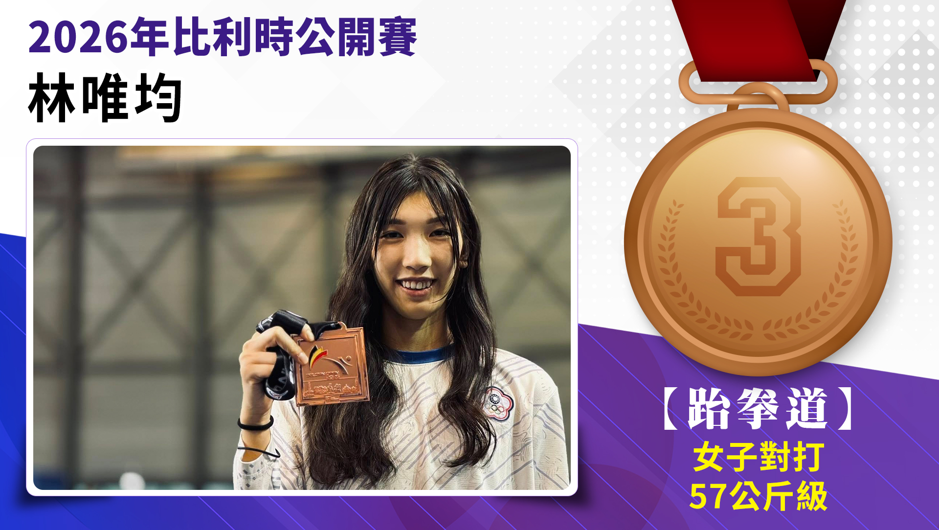 選手林唯均榮獲2026年比利時公開賽女子-57公斤級銅牌。